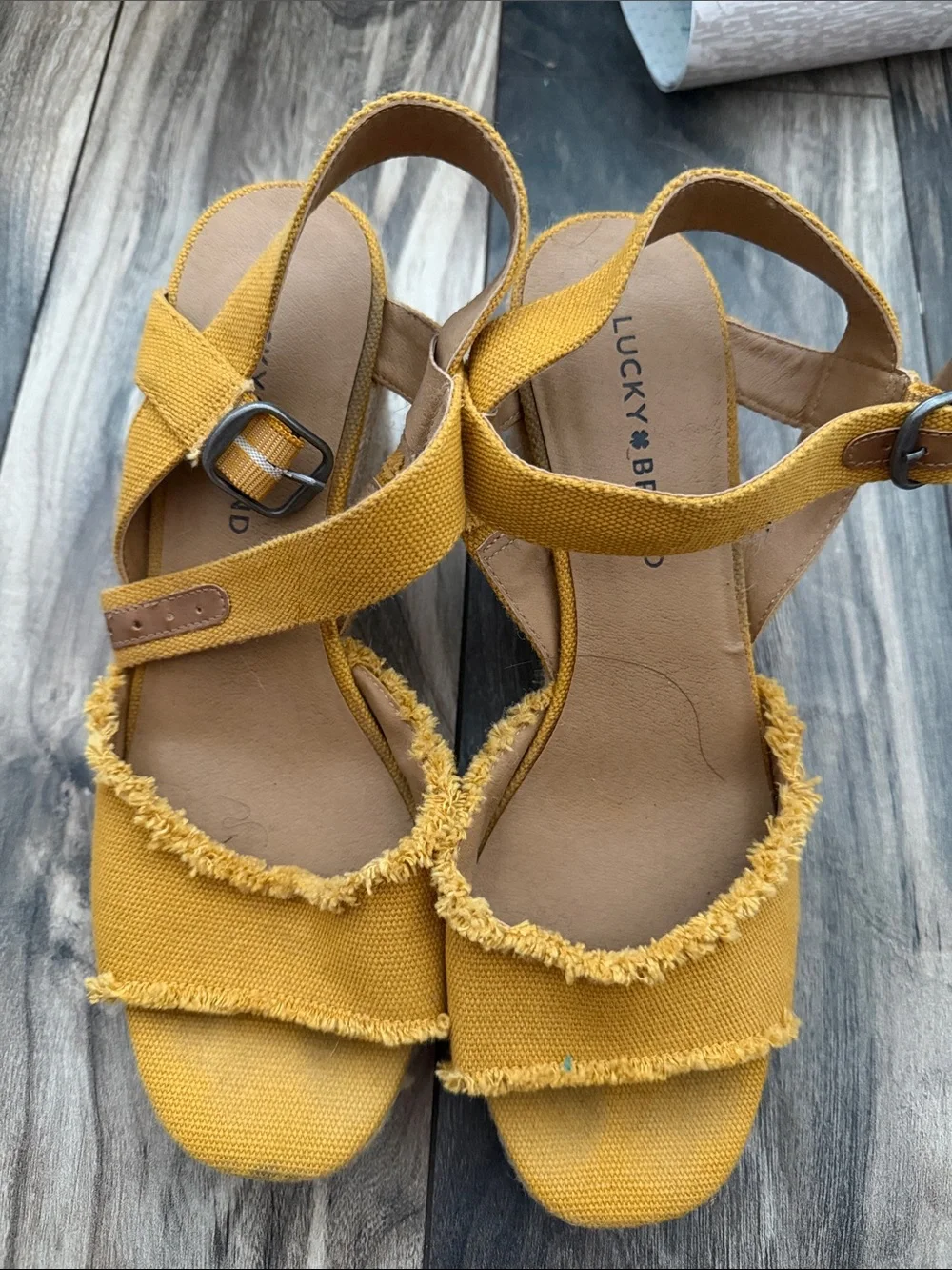 Lucky Brand Mustard Yellow Canvas Espadrille Wedge Sandals